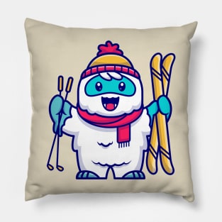 Cute Yeti Playing Ski Cartoon Pillow