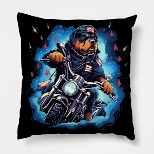 A dramatic patriotic t-shirt design with a Rottweiler Dog on a chopper motorcycle Pillow