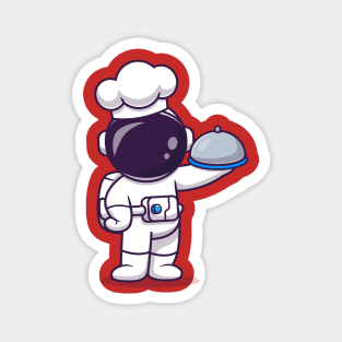 Cute Astronaut Chef Holding Cloche Food Plate Cartoon Magnet
