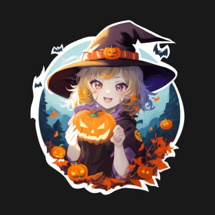 Halloween Enchantment: Young Witch with a Magical Pumpkin T-Shirt