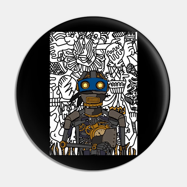 Futuristic Robot Character "Nostradamus" with Glass Eyes and Steel Skin Pin by Hashed Art