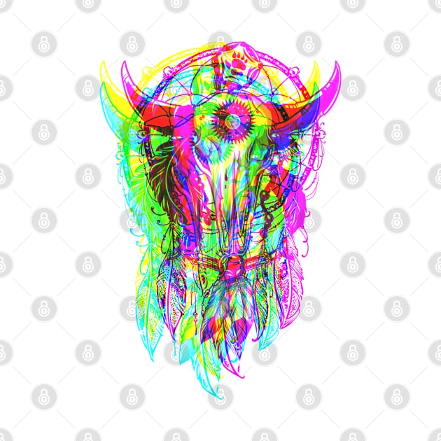 Bull Skull Dreamcatcher - Psychedelic Neon Colored by EDDArt