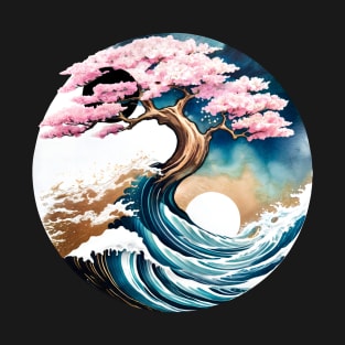 Cherry Blossom Bonsai and Great Wave Yin Yang T-Shirt