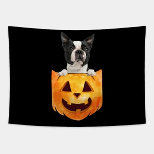 Black Boston Terrier Dog In Pumpkin Pocket Halloween Tapestry