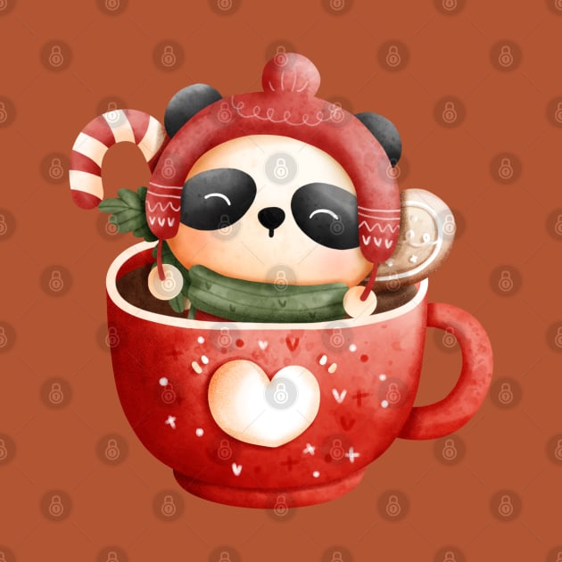 Cute Christmas Panda Bear in a Red Heart Teacup by The Little Store Of Magic