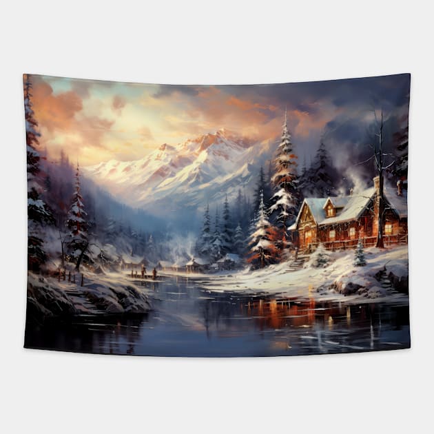 Oil Painting of a Mountain Cabin in Winter Tapestry by jecphotography