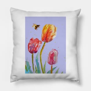 Tulip Flower Watercolor Painting and Bee on Lavender purple Pillow