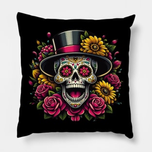 Sugar Skull Art - Tophat and Sunflower Calavera Pillow