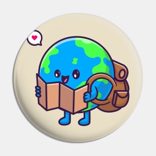 Cute Earth Globe Backpacker Holding Map Cartoon Pin