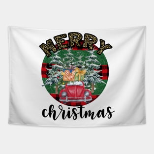 Merry christmas leopard buffalo plaid tree truck Tapestry