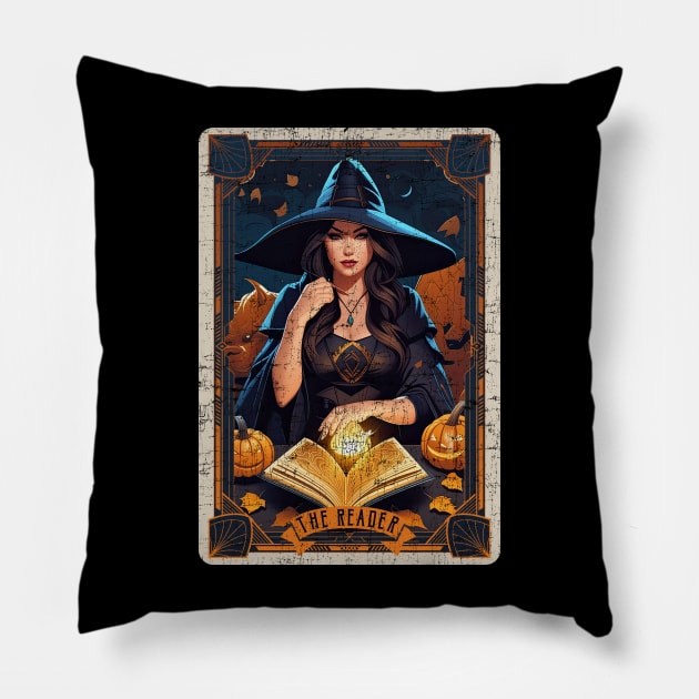 The Reader Vintage Witch Halloween Tarot Card Pillow by DanielLiamGill