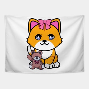 Funny Orange cat is holding a teddy bear Tapestry