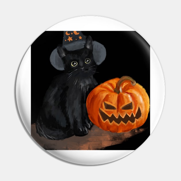 Halloween Cat with Scary Orange Pumpkin and Party Hat Pin by BirdsnStuff