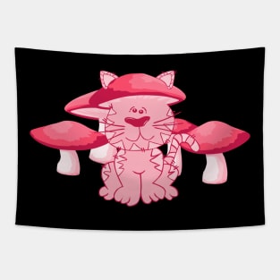 Pink Mushroom Cat Tapestry