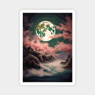 Moon Cherry Blossom Waves Japanese Landscape Vintage Art Magnet