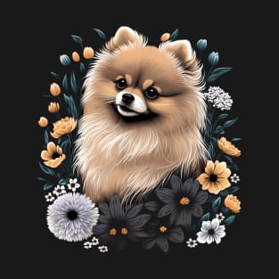 Pomeranian Puppy Dog with Flowers Floral Art Painting Black T-Shirt