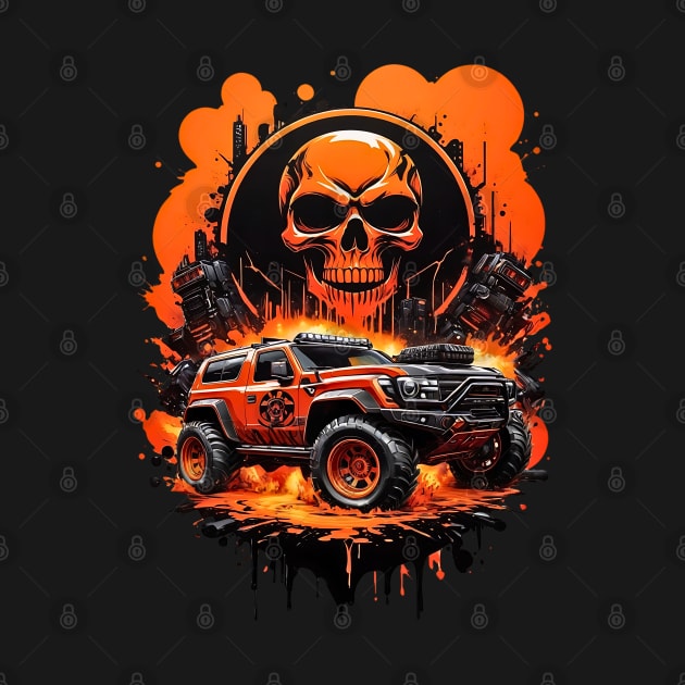 Cybertruck cyberpunk skulls apocalyptic futuristic scifi retro poster by Neon City Bazaar