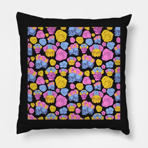 Colourful Skull Design with Beautiful Flowers Pillow by annaleebeer