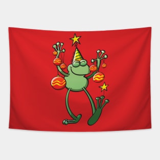 Smiling green frog decorating for Christmas Tapestry