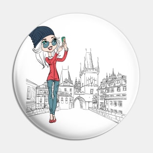 Cute girl makes selfie in Prague Pin