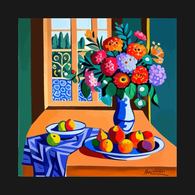 Still Life Painting with Colorful Flowers in a Blue Vase by bragova