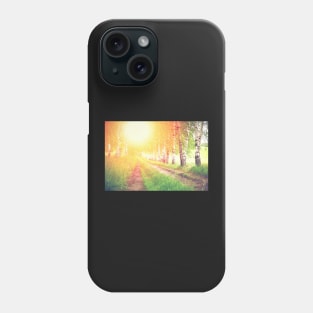 Alley of green birches against sunrise Phone Case