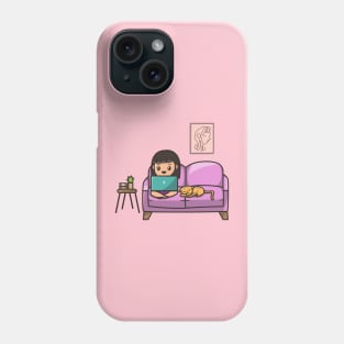 Cute Girl Working On Laptop With Cat Cartoon Phone Case