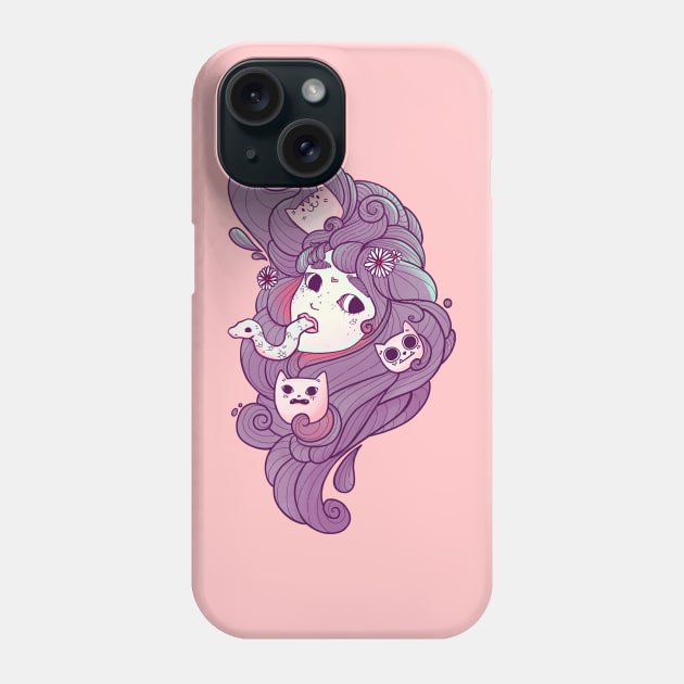 Dreamy Girl Head With Cats And Snake Art Phone Case by cellsdividing