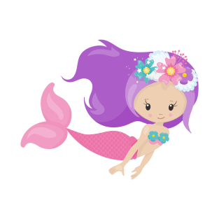 Cute Mermaid, Little Mermaid, Flowers, Purple Hair T-Shirt