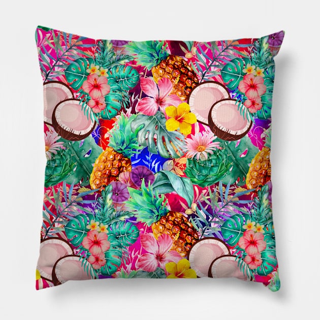 tropical pineapple exotic botanical illustration with floral tropical fruits, exotic flowers, coconuts, hot pink and purple fruit pattern over a Pillow by Zeinab taha