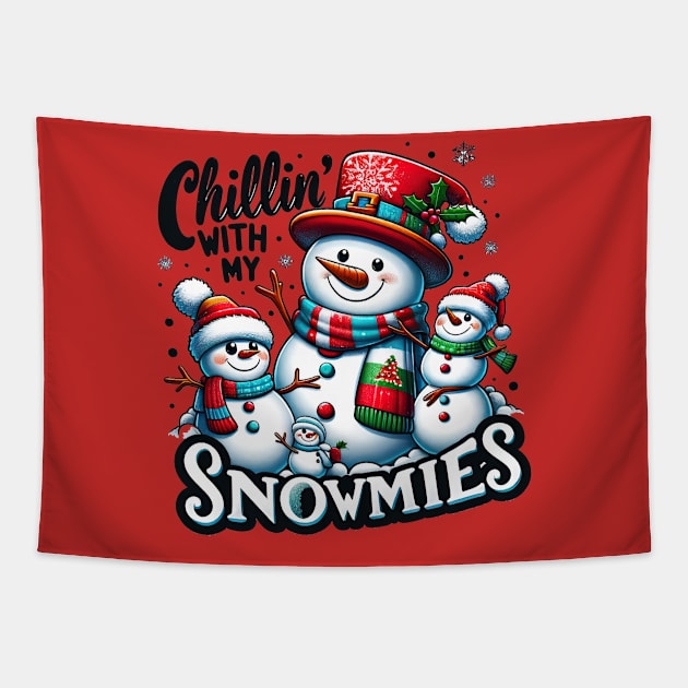 Chillin' With My Snowmies Snowman Christmas Design Tapestry by The Little Store Of Magic