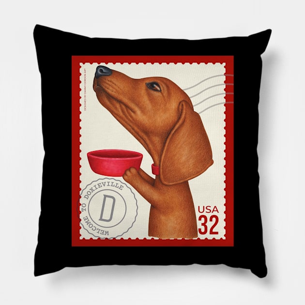 Cute dachshund wants another treat on vintage stamp Pillow by Danny Gordon Art