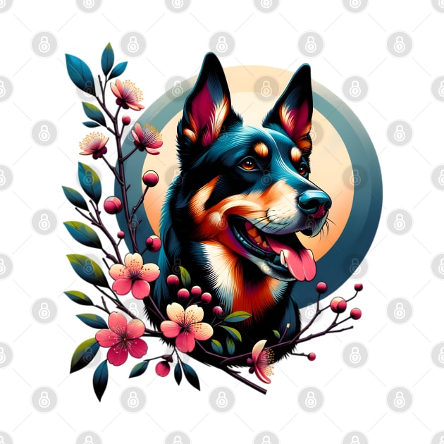 Working Kelpie Joy in Spring with Cherry Blossoms and Flowers by ArtRUs