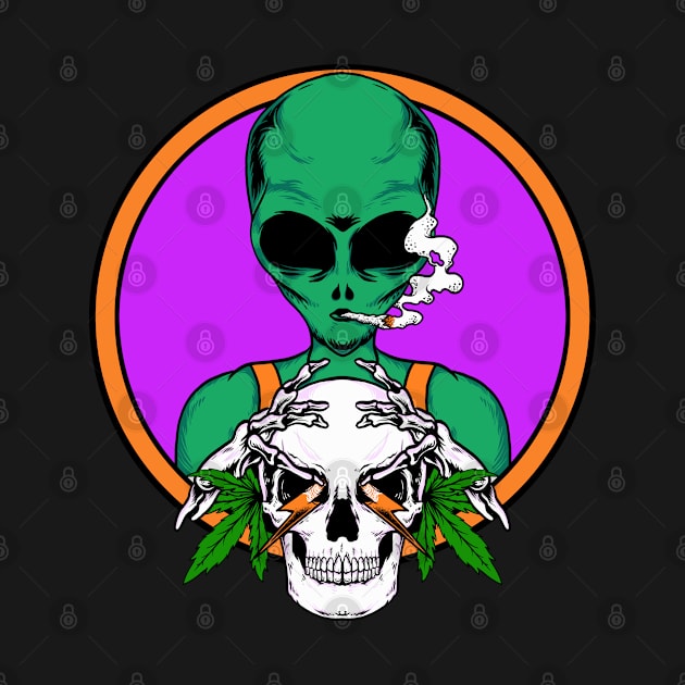 Alien Smoking Joint | Skull and Marijuana Leaves | Weed Culture Design by pawsitronic