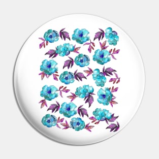 Peonies Flowers Watercolor Ink Cute Girly Cyan Pin