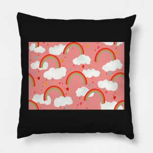 Clouds, rainbows and love hearts on a rose pink background Pillow