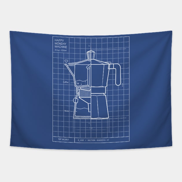 Happy monday machine blue print Tapestry by Curvilineo