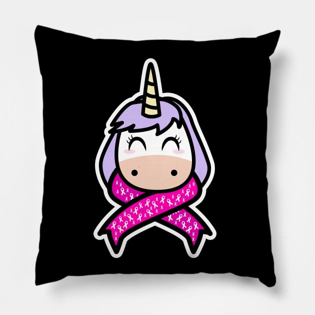 Cute Unicorn wearing Cancer Awareness Pink Ribbons Pillow by LetsBeginDesigns