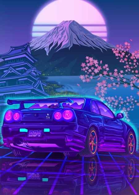 Skyline Gtr R34 Fuji Sakura Vaporwave Kids T-Shirt by Ilhamqrov