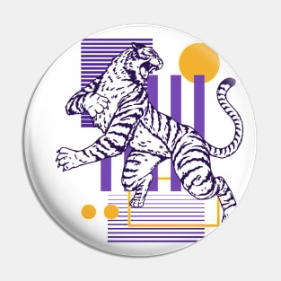 Retro 80s Purple & Gold Tiger on the Attack // Vintage Geometric Shapes Background Pin