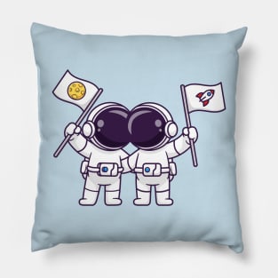 Cute Astronaut Friend Holding Flag Moon And Rocket Cartoon Pillow