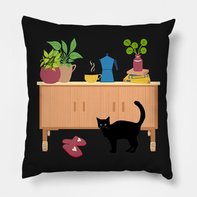 Black cat in the living room Pillow by monicasareen