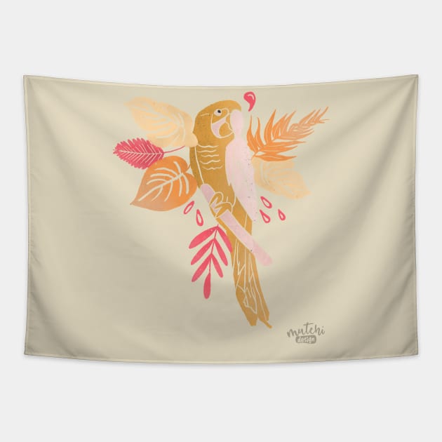 Tropical pink and peachy parrot Tapestry by MutchiDesign