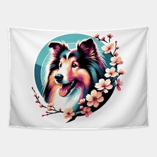 Shetland Sheepdog's Springtime Cherry Blossoms Joy Tapestry