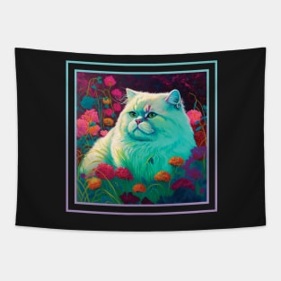 Minty Persian Cat Vibrant Tropical Flower Digital Oil Painting Portrait Tapestry