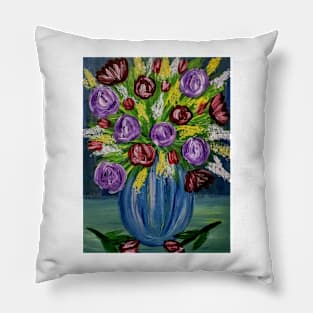 Some abstract roses in purple and res roses in a vintage vase . Pillow