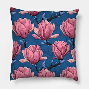 Magnolia garden on blue Pillow