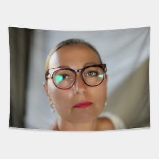 Sublime Woman Wearing Glasses and Earrings in a Bathrobe Tapestry