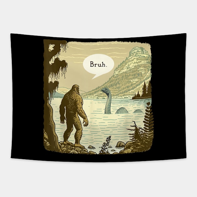 Bigfoot Sasquatch Loch Ness Monster Introvert Bruh Tapestry by marchizano