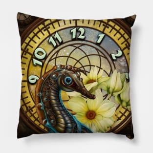 Seahorse with a Steampunk Flair clocks and flowers Pillow